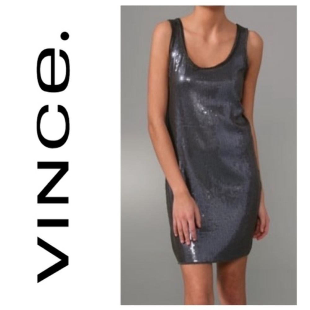 VINCE Black Sequin Stretchy Scoop Neck Shift Tank Mini Party Dress Small